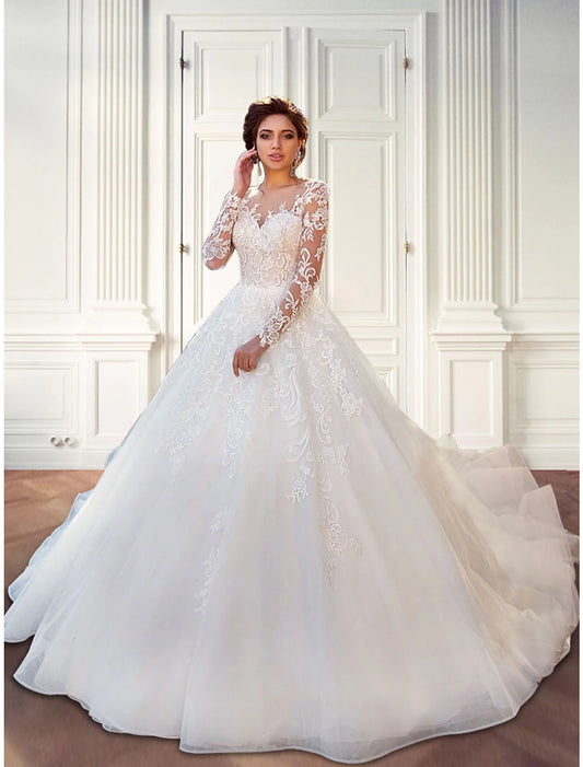 Engagement Formal Fall Wedding Dresses Ball Gown Illusion Neck Long Sleeve Court Train Lace Bridal Gowns With Lace Appliques Summer Wedding Party Women‘s Clothing