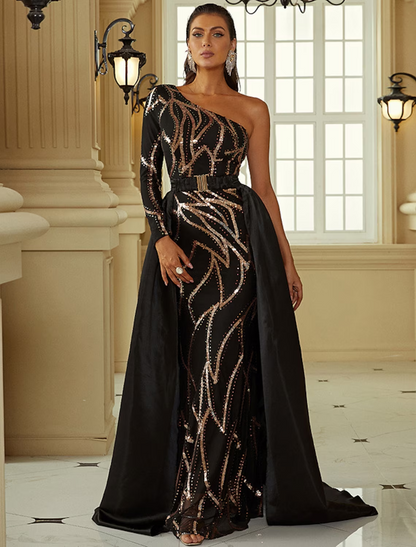 Evening Gown Sexy Dress Formal Court Train Long Sleeve One Shoulder Polyester with Sequin