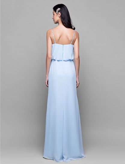 Sheath / Column Spaghetti Strap Floor Length Chiffon Bridesmaid Dress with Beading / Pleats