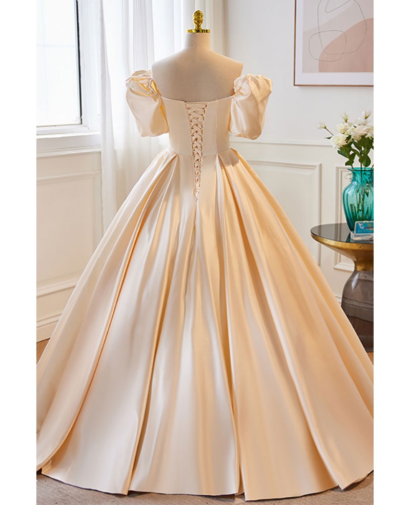 Elegant Champagne Sticker Pearl Off Shoulder Short Sleeve Ball Dress Champagne Satin Ball Dress Off Back and Groundlength Evening Dress