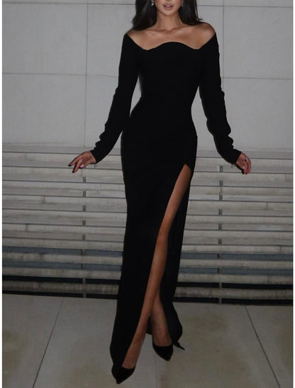 Sheath / Column Evening Gown Elegant Dress Formal Floor Length Black Dress Long Sleeve Off Shoulder Stretch Fabric with Slit