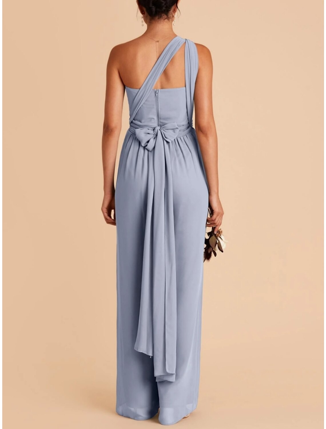 Jumpsuits Bridesmaid Dress Strapless Sleeveless Blue Ankle Length Stretch Chiffon with Bow(s) / Ruching