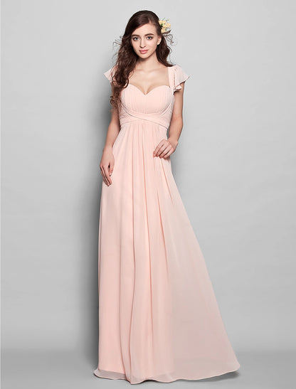 Sheath / Column Straps Floor Length Chiffon Bridesmaid Dress with Sash / Ribbon / Pleats