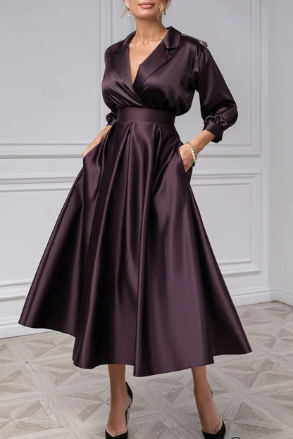 Elegant satin A-line V-neck 3/4 sleeve beaded mother of the bride dress