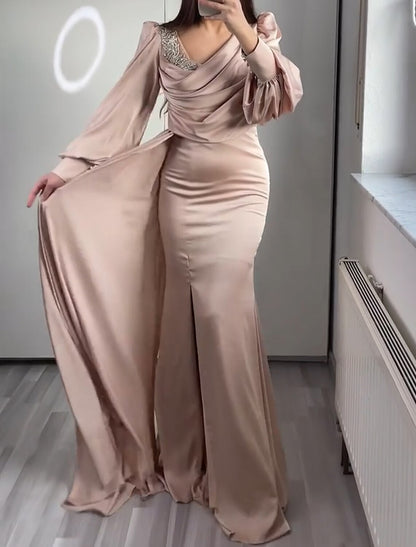 Mermaid / Trumpet Evening Gown Elegant Dress Formal Wedding Guest Sweep / Brush Train Long Sleeve V Neck Satin with Ruched
