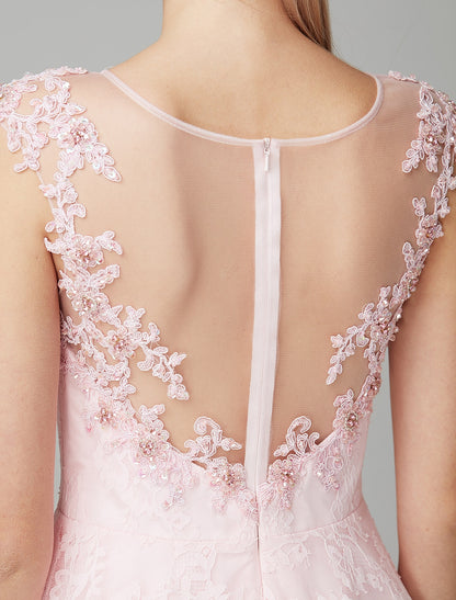 A-Line Prom Dresses Floral Dress Evening Party Ankle Length Short Sleeve Illusion Neck Lace Zipper with Appliques