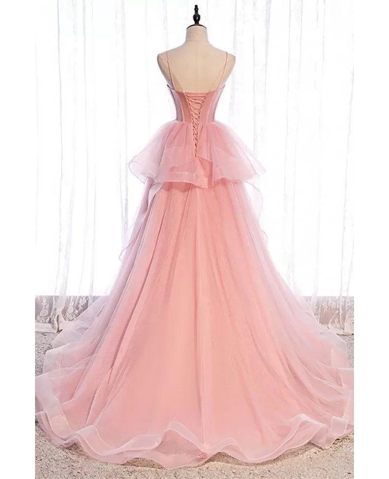 Simple/Simple Pink Tight Shoulder Strap Sleeveless Off the Shoulder Ball Dress Pink A-line Ruffle Edge Off the Back Long Evening Dress