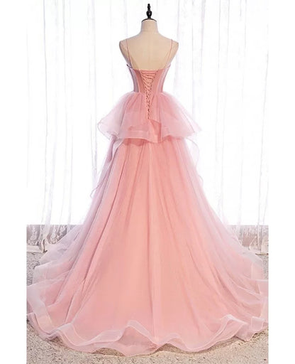 Simple/Simple Pink Tight Shoulder Strap Sleeveless Off the Shoulder Ball Dress Pink A-line Ruffle Edge Off the Back Long Evening Dress