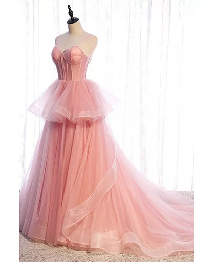 Simple/Simple Pink Tight Shoulder Strap Sleeveless Off the Shoulder Ball Dress Pink A-line Ruffle Edge Off the Back Long Evening Dress