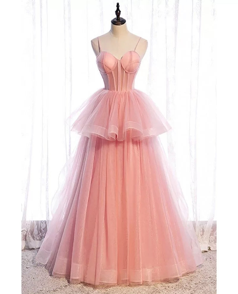 Simple/Simple Pink Tight Shoulder Strap Sleeveless Off the Shoulder Ball Dress Pink A-line Ruffle Edge Off the Back Long Evening Dress