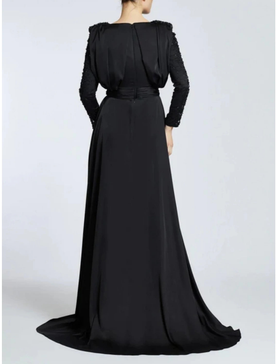 A-Line Evening Gown Black Dress Plus Size Elegant Dress Formal Sweep / Brush Train Long Sleeve Jewel Neck Satin with Pleats Sequin