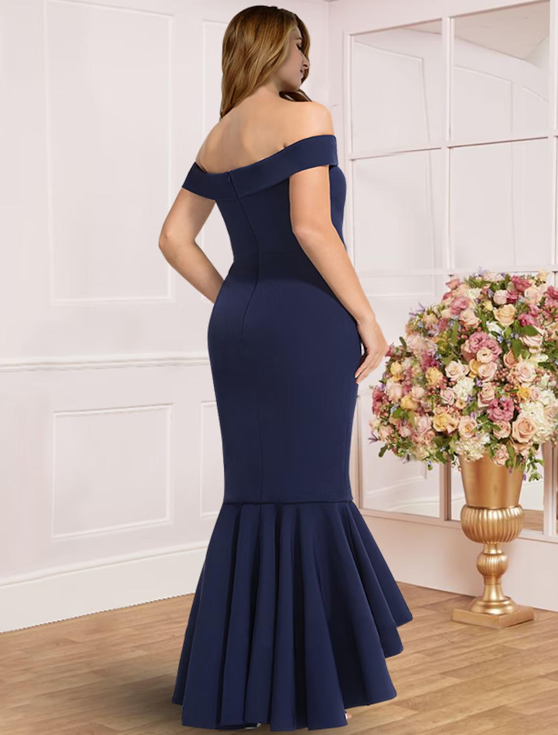 Plus Size Curve Mother of the Bride Dress Wedding Guest Party Elegant Off Shoulder Asymmetrical Stretch Fabric Cap Sleeve with Pleats