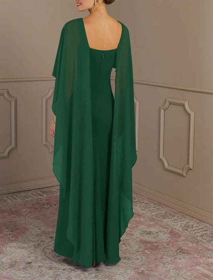 Sheath / Column Mother of the Bride Dress Formal Wedding Guest Elegant Simple Jewel Neck Floor Length Chiffon Sleeveless with Side Draping Solid Color