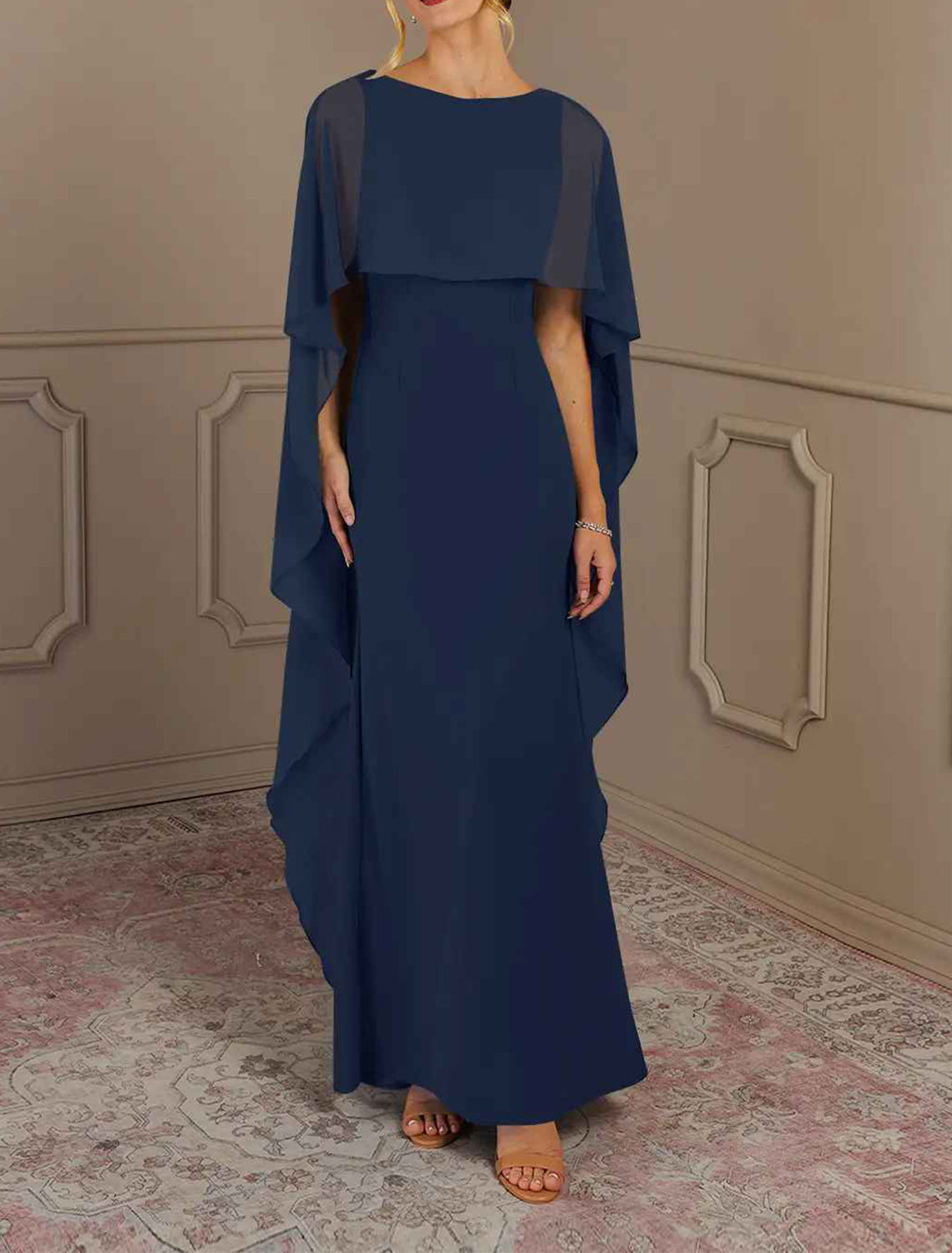 Sheath / Column Mother of the Bride Dress Formal Wedding Guest Elegant Simple Jewel Neck Floor Length Chiffon Sleeveless with Side Draping Solid Color