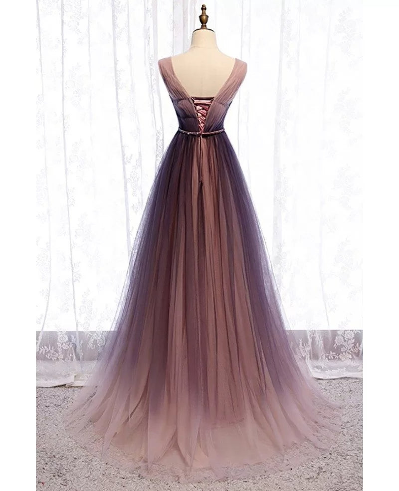 Unique/Beautiful Gradient Purple V-neck Sleeveless Belt Hanging Neck Long Evening Dress Gradient Purple Backless and Floor Long Evening Dress