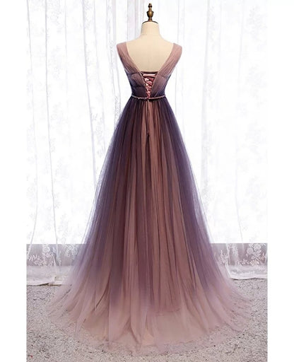 Unique/Beautiful Gradient Purple V-neck Sleeveless Belt Hanging Neck Long Evening Dress Gradient Purple Backless and Floor Long Evening Dress
