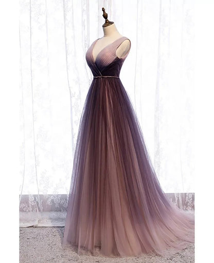 Unique/Beautiful Gradient Purple V-neck Sleeveless Belt Hanging Neck Long Evening Dress Gradient Purple Backless and Floor Long Evening Dress