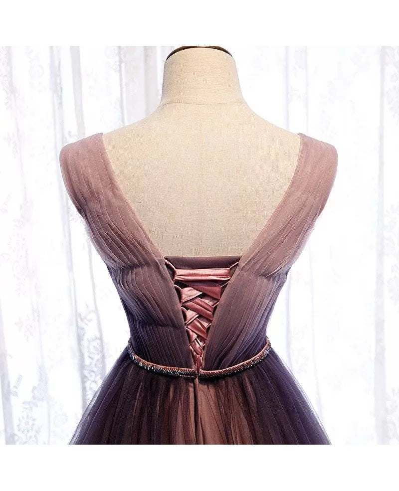 Unique/Beautiful Gradient Purple V-neck Sleeveless Belt Hanging Neck Long Evening Dress Gradient Purple Backless and Floor Long Evening Dress