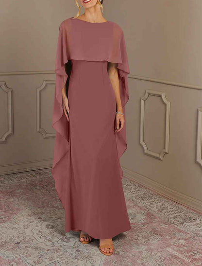 Sheath / Column Mother of the Bride Dress Formal Wedding Guest Elegant Simple Jewel Neck Floor Length Chiffon Sleeveless with Side Draping Solid Color