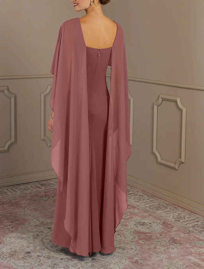 Sheath / Column Mother of the Bride Dress Formal Wedding Guest Elegant Simple Jewel Neck Floor Length Chiffon Sleeveless with Side Draping Solid Color