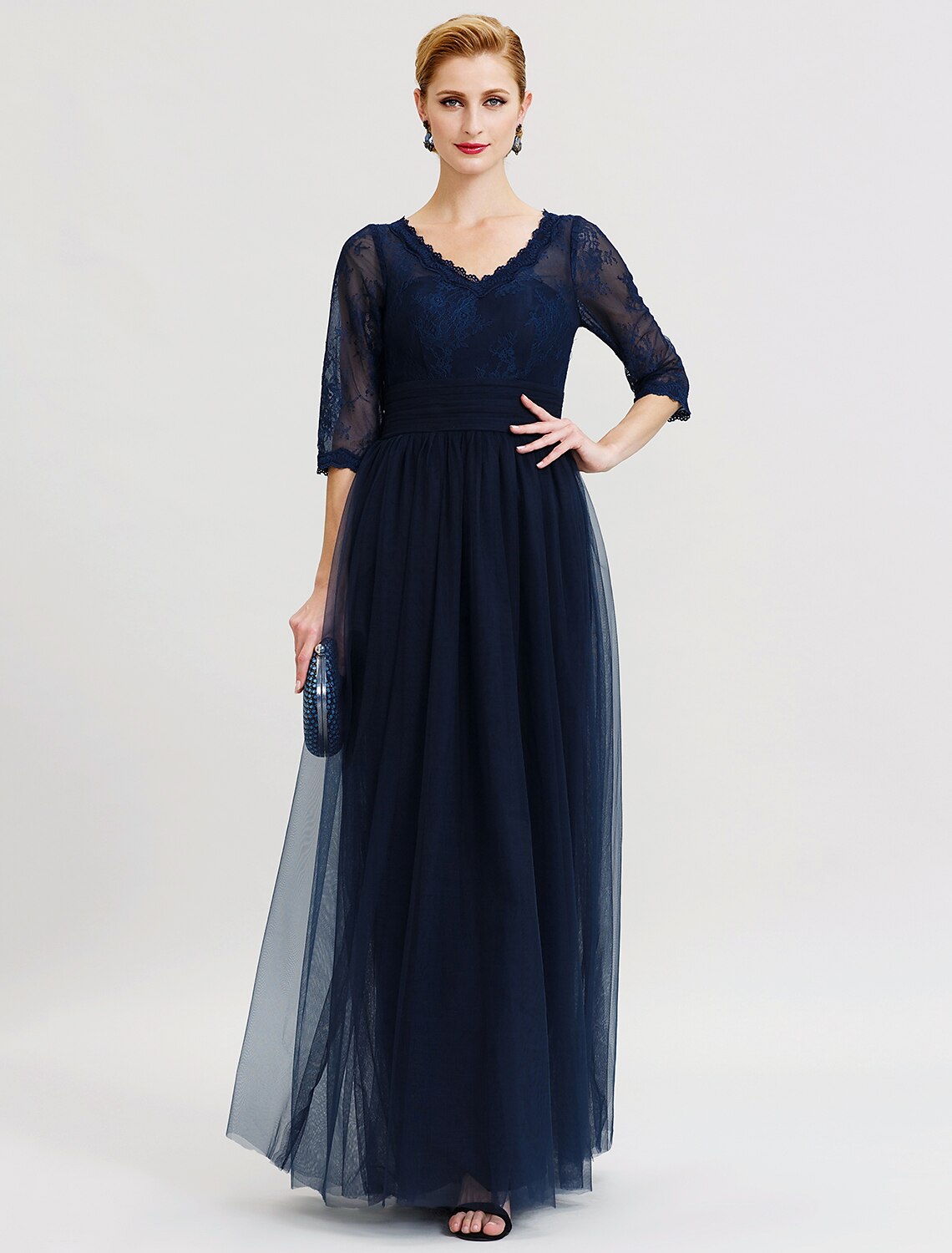 Ball Gown A-Line Mother of the Bride Dress Beautiful Back See Through V Neck Floor Length Tulle Sheer Lace 3/4 Length Sleeve with Sash / Ribbon Pleats / Illusion Sleeve