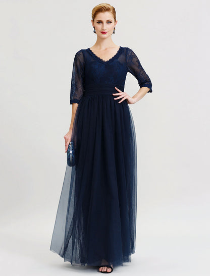 Ball Gown A-Line Mother of the Bride Dress Beautiful Back See Through V Neck Floor Length Tulle Sheer Lace 3/4 Length Sleeve with Sash / Ribbon Pleats