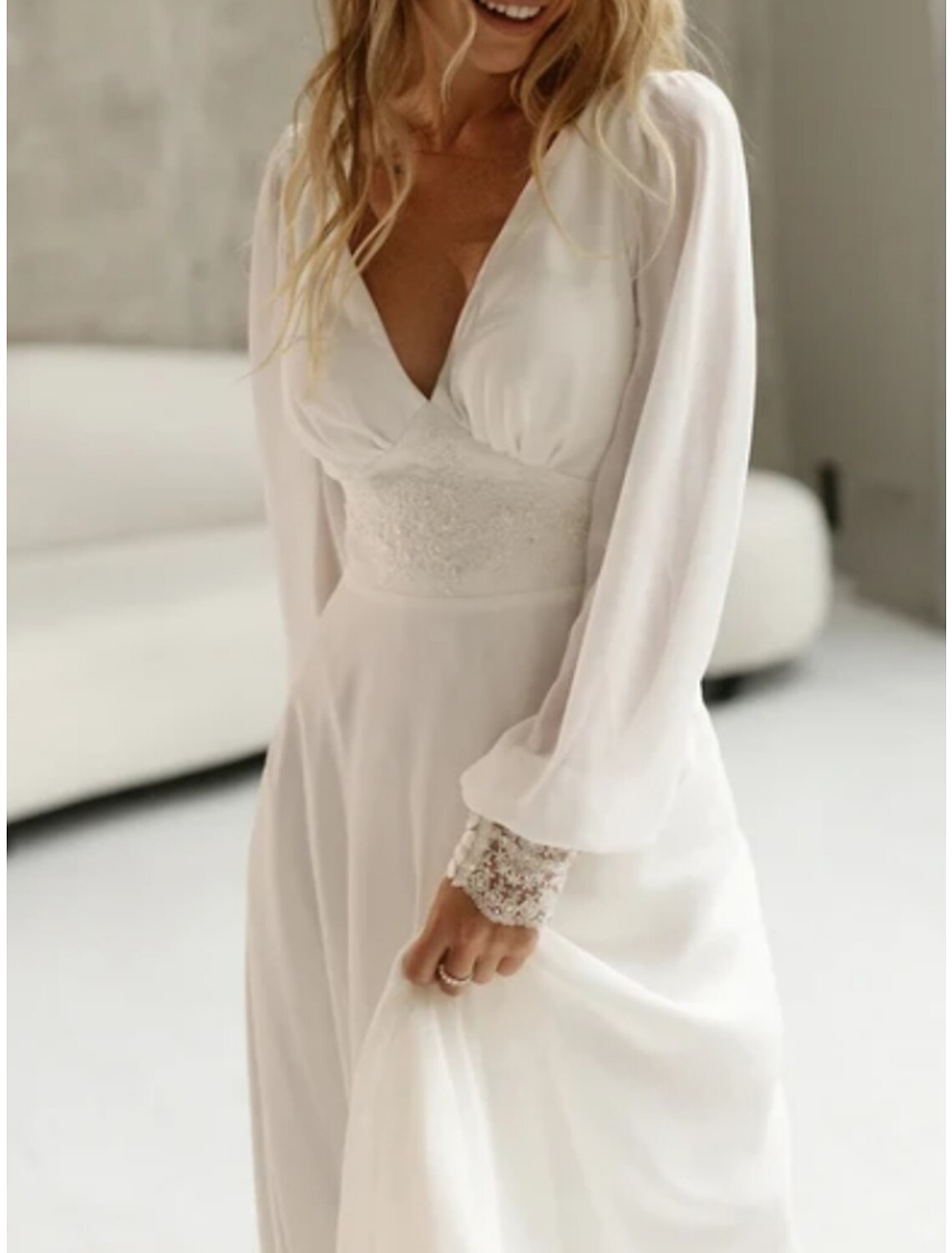 Beach Simple Wedding Dresses Formal Wedding Dresses A-Line Illusion Neck Long Sleeve Floor Length Tulle Bridal Gowns With Ruched Beading