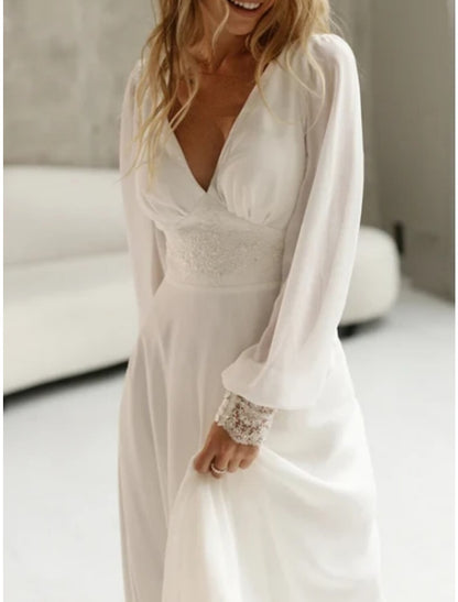 Beach Simple Wedding Dresses Formal Wedding Dresses A-Line Illusion Neck Long Sleeve Floor Length Tulle Bridal Gowns With Ruched Beading