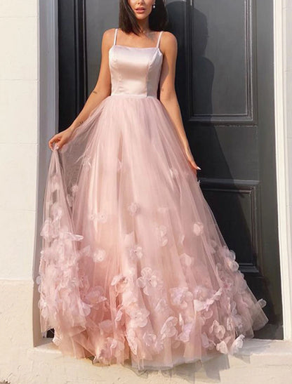 A-Line Prom Dresses Elegant Dress Wedding Guest Engagement Floor Length Sleeveless Spaghetti Strap Tulle with Appliques