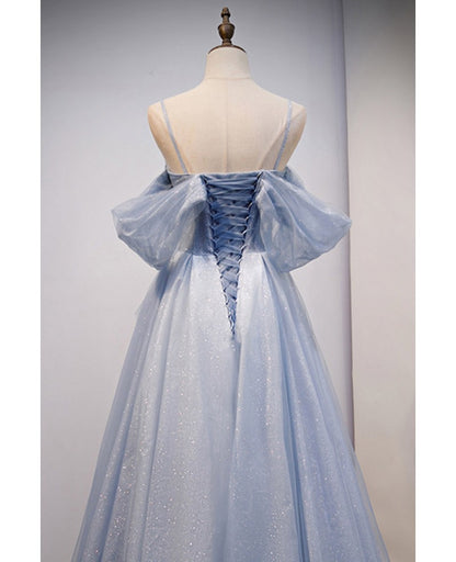 Charming and sweet sky blue beaded thin shoulder strap off the shoulder ball dress sky blue A-shaped sleeveless backless strap and ground length evening dress