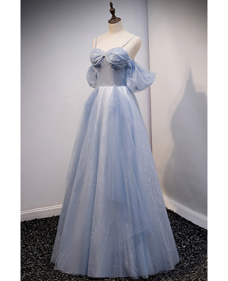 Charming and sweet sky blue beaded thin shoulder strap off the shoulder ball dress sky blue A-shaped sleeveless backless strap and ground length evening dress