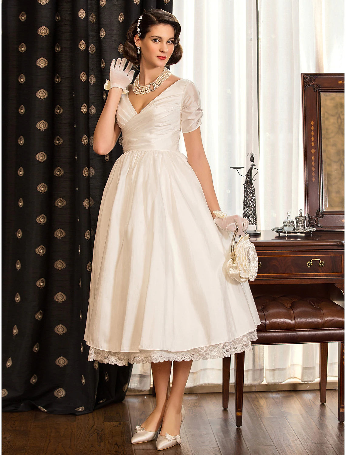 Reception Wedding Dresses Vintage 1940s / 1950s Little White Dresses A-Line V Neck Short Sleeve Tea Length Satin Bridal Gowns With Lace Criss Cross Summer Fall Wedding Party  Women's Clothing