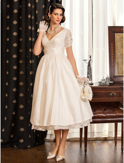 Reception Wedding Dresses Vintage 1940s / 1950s Little White Dresses A-Line V Neck Short Sleeve Tea Length Satin Bridal Gowns With Lace Criss Cross Summer Fall Wedding Party  Women's Clothing