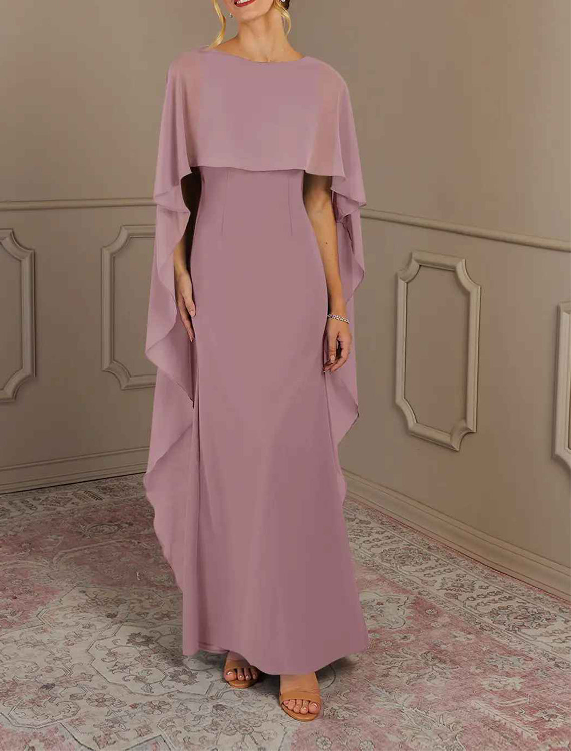 Sheath / Column Mother of the Bride Dress Formal Wedding Guest Elegant Simple Jewel Neck Floor Length Chiffon Sleeveless with Side Draping Solid Color