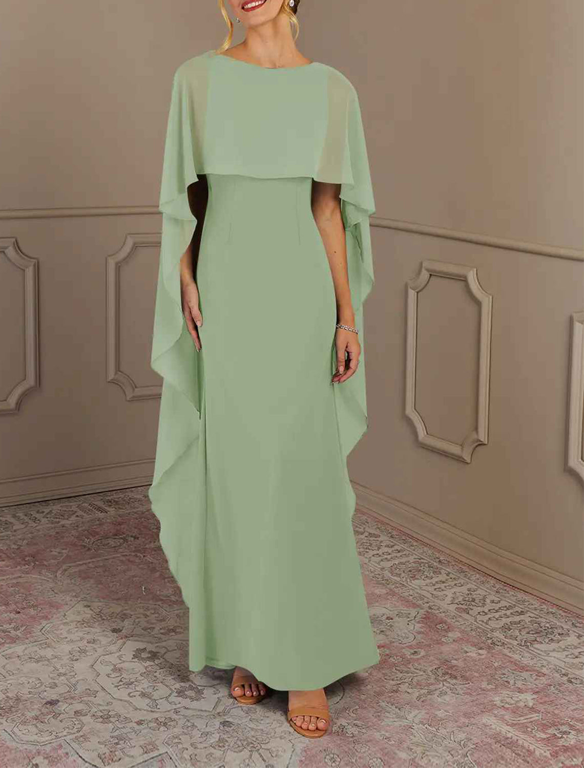 Sheath / Column Mother of the Bride Dress Formal Wedding Guest Elegant Simple Jewel Neck Floor Length Chiffon Sleeveless with Side Draping Solid Color