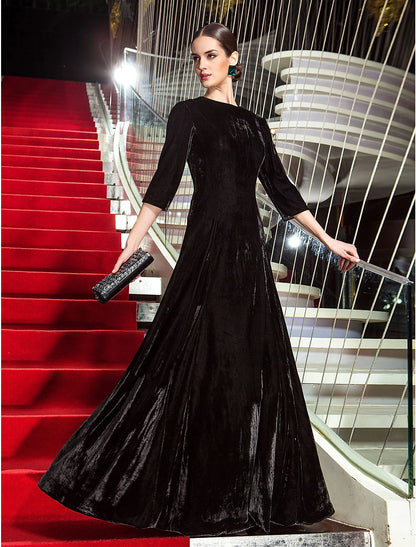 A-Line Black Dress Vintage Wedding Guest Formal Evening Floor Length 3/4 Length Sleeve Jewel Neck Velvet with Pleats