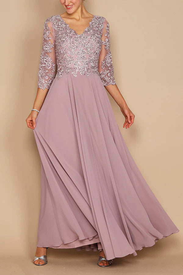 A-line V-neck lace decal 3/4 sleeve elegant mother of the bride dress