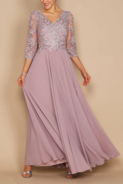 A-line V-neck lace decal 3/4 sleeve elegant mother of the bride dress