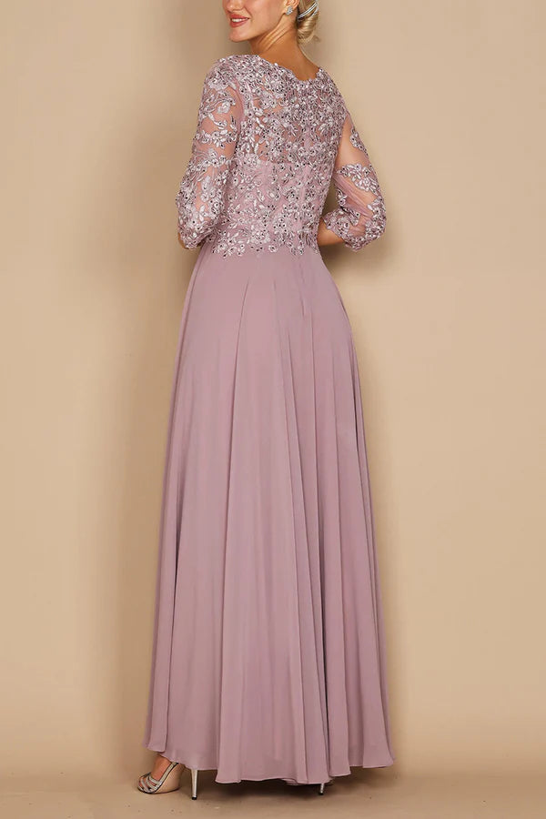 A-line V-neck lace decal 3/4 sleeve elegant mother of the bride dress