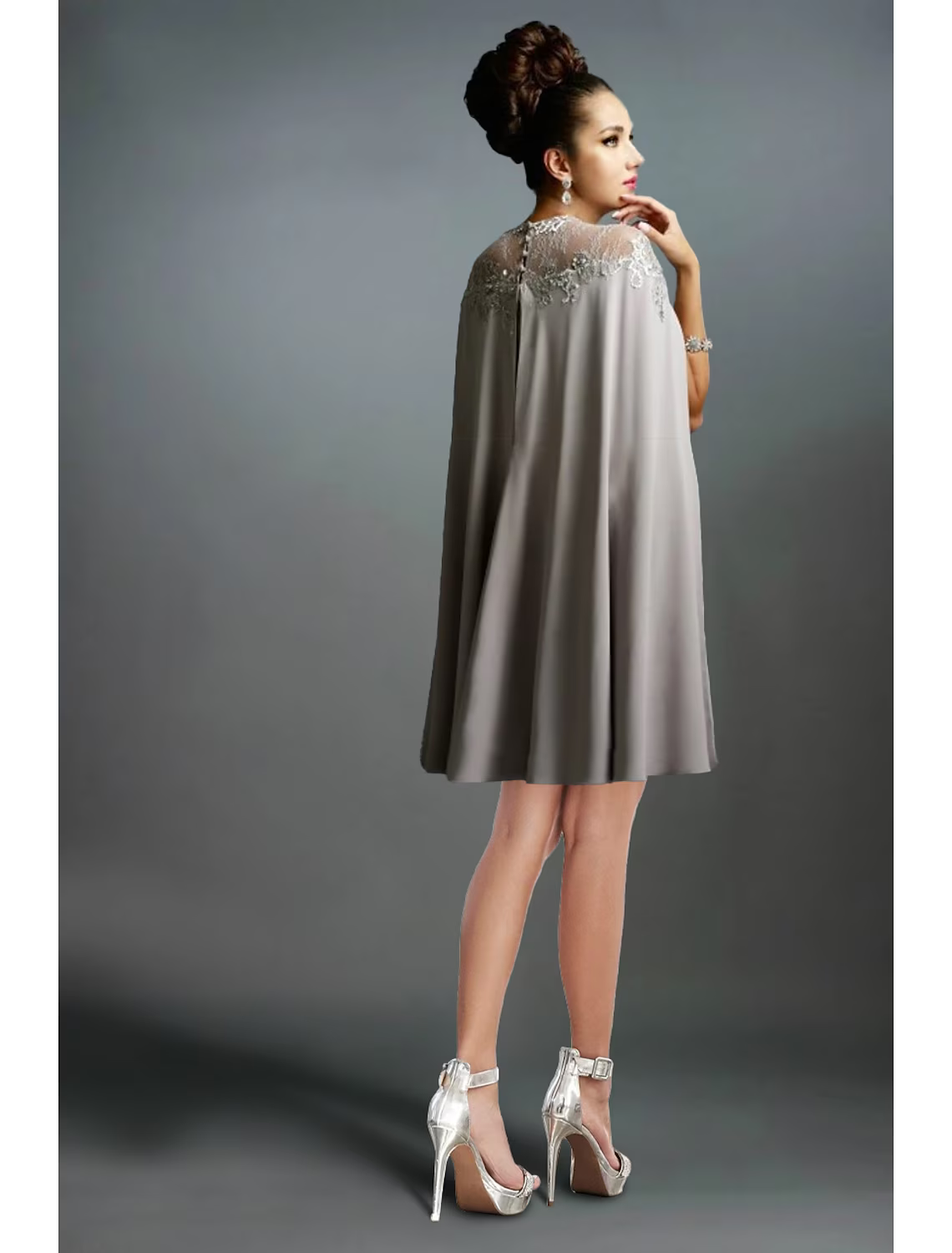 Evening Gown Vintage Dress Wedding Guest Knee Length Sleeveless Off Shoulder Capes Stretch Fabric with Ruched Ruffles Embroidery