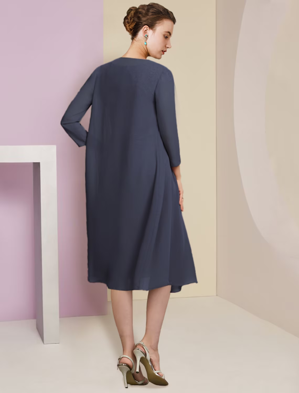 Two Piece Mother of the Bride Dress Formal Wedding Guest Vintage Elegant Scoop Neck Knee Length Chiffon Lace Short Sleeve Jacket Dresses with Tier Appliques