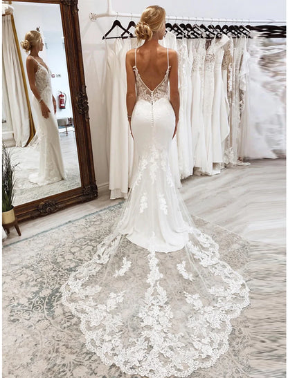 Reception Formal Wedding Dresses Mermaid / Trumpet Camisole Sleeveless Court Train Tulle Bridal Suits Bridal Gowns With Appliques Summer Wedding Party, Women's Clothing
