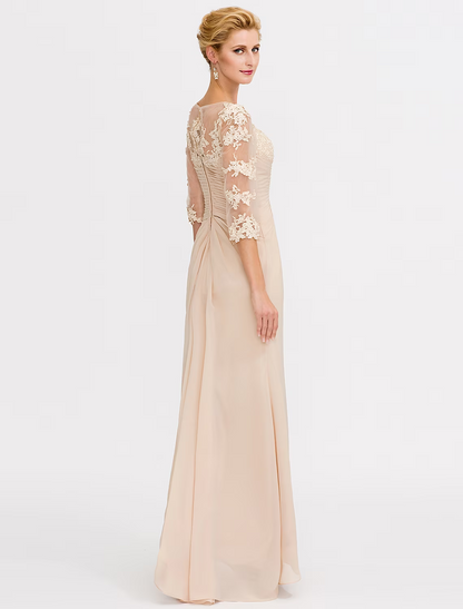 A-Line Mother of the Bride Dress Plus Size Elegant  V Neck Floor Length Chiffon Half Sleeve with Appliques Side Draping