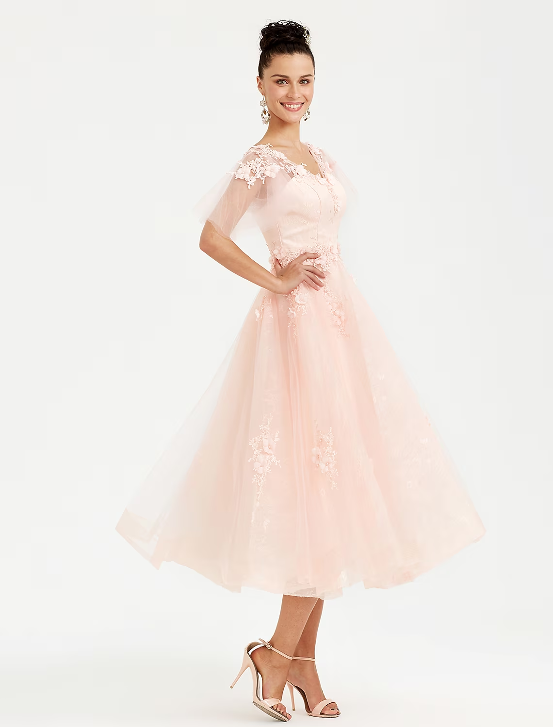 A-Line Prom Dresses Elegant Dress Wedding Guest  Short Sleeve V Neck Tulle with Appliques