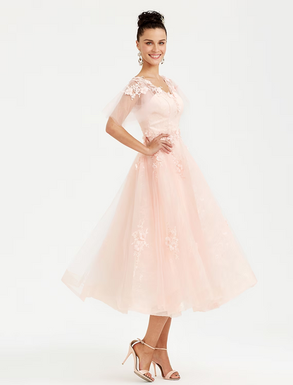 A-Line Prom Dresses Elegant Dress Wedding Guest  Short Sleeve V Neck Tulle with Appliques