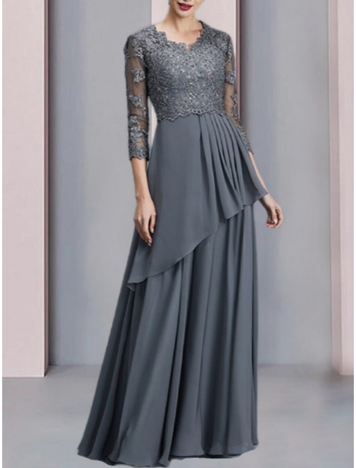 A-Line Mother of the Bride Dress Wedding Guest Elegant V Neck Floor Length Chiffon Half Sleeve with Lace Ruching