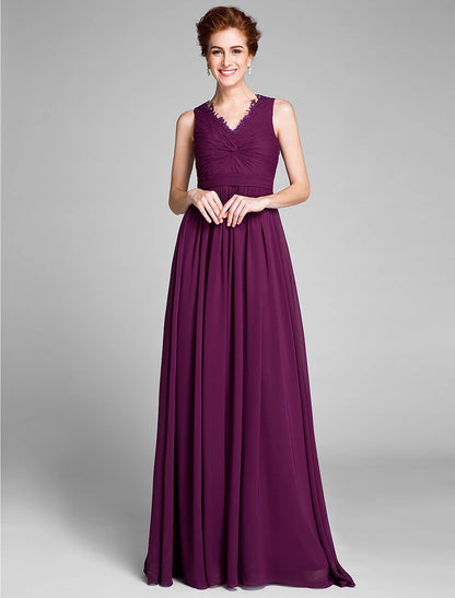 Sheath / Column Mother of the Bride Dress Wrap Included V Neck Floor Length Chiffon Sleeveless with Sash / Ribbon Criss Cross