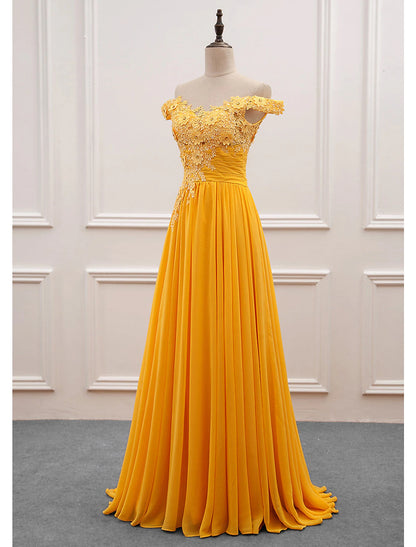 A-Line Wedding Guest Dresses Floral Dress Prom Sweep / Brush Train Sleeveless Off Shoulder Chiffon with Appliques