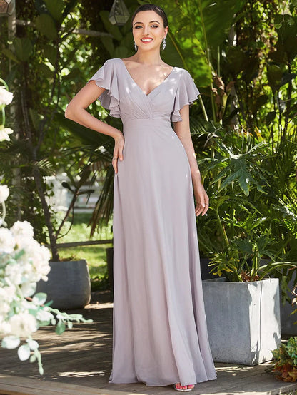 Custom Size Short Ruffle Sleeve Pleated Chiffon A-Line Evening Dress