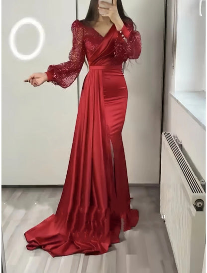 A-Line Evening Gown Elegant Dress Formal Fall Court Train Long Sleeve V Neck Satin with Glitter Pleats